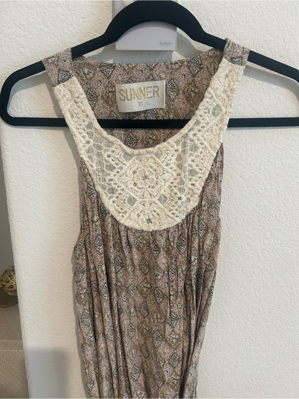 Anthropologie Sunner Silk Crochet Bib Silk Shift Dress XS Beige Tan - Picture 3 of 4